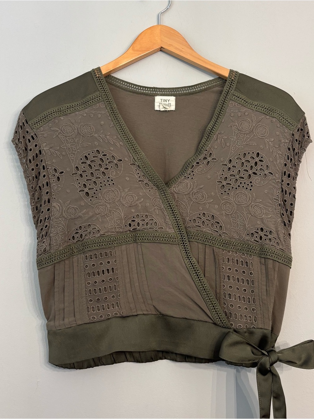 Olive Wrap Eyelet Cropped Blouse